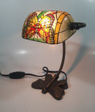 Beautiful Tiffany Style Butterfly Themed Stained Glass and Brass Butterfly Base Banker's Table Lamp Light 9 1/2" Tall