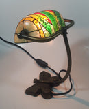 Beautiful Tiffany Style Butterfly Themed Stained Glass and Brass Butterfly Base Banker's Table Lamp Light 9 1/2" Tall