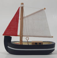 Red And White Sails Black Small Wooden Boat Model 2 3/4" Long