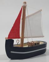 Red And White Sails Black Small Wooden Boat Model 2 3/4" Long