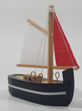 Red And White Sails Black Small Wooden Boat Model 2 3/4" Long