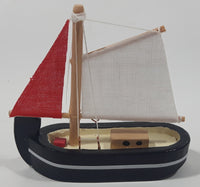 Red And White Sails Black Small Wooden Boat Model 2 3/4" Long