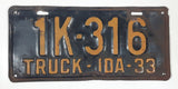 Antique 1933 Idaho Truck Metal Vehicle License Plate Tag 1K 316