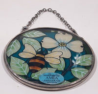 AMIA Bee with White Flower and Leaves Small 3 1/2" Painted Stained Glass Suncatcher