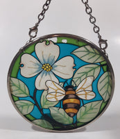 AMIA Bee with White Flower and Leaves Small 3 1/2" Painted Stained Glass Suncatcher