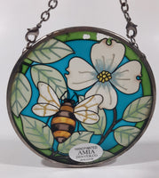 AMIA Bee with White Flower and Leaves Small 3 1/2" Painted Stained Glass Suncatcher