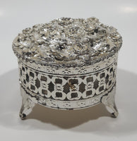 Flower Pattern Ornate Silver Look Metal Jewelry Trinket Box with Lid 3" Diameter