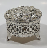 Flower Pattern Ornate Silver Look Metal Jewelry Trinket Box with Lid 3" Diameter