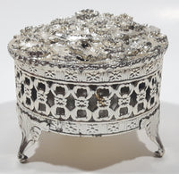 Flower Pattern Ornate Silver Look Metal Jewelry Trinket Box with Lid 3" Diameter