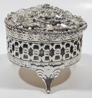 Flower Pattern Ornate Silver Look Metal Jewelry Trinket Box with Lid 3" Diameter