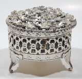 Flower Pattern Ornate Silver Look Metal Jewelry Trinket Box with Lid 3" Diameter