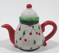 Vintage Miniature Red White Green Teapot Shaped Butterfly Clasp 2 3/4" Tall Trinket Jewelry Box