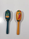 Vintage Cactus and Chili Pepper Hand Painted Wood Maracas Musical Instruments 4 3/4" Long