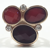 Costume Jewelry Triple Ruby Red Plastic and Clear Glass Gemstones Gold Tone Metal Ring