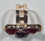 Costume Jewelry Triple Ruby Red Plastic and Clear Glass Gemstones Gold Tone Metal Ring