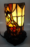 Vintage Heart Pattern Cylinder Shaped Footed Brass Metal Bottom 7 1/2" Tall Stained Glass Table Lamp