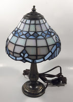 Vintage Blue and White Stained Glass Baroque European Style 11" Tall Brass Metal Table Lamp