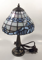 Vintage Blue and White Stained Glass Baroque European Style 11" Tall Brass Metal Table Lamp