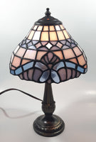 Vintage Blue and White Stained Glass Baroque European Style 11" Tall Brass Metal Table Lamp