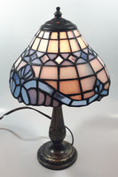 Vintage Blue and White Stained Glass Baroque European Style 11" Tall Brass Metal Table Lamp