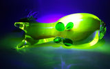 Vintage Laying Reindeer Red Green and Clear 6 1/4" Long Art Vaseline Uranium Glass Ornament
