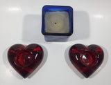 IKEA Blue Cube Shaped Glass Candle Holder with Two Red Heart Shaped Tealight Candle Holders