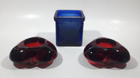 IKEA Blue Cube Shaped Glass Candle Holder with Two Red Heart Shaped Tealight Candle Holders