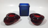 IKEA Blue Cube Shaped Glass Candle Holder with Two Red Heart Shaped Tealight Candle Holders