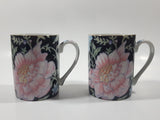 Vintage Capilano Vancouver Black with Pink Flower Pattern 3 3/4" Tall Coffee Mug Tea Cup Set of 2