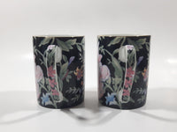 Vintage Capilano Vancouver Black with Pink Flower Pattern 3 3/4" Tall Coffee Mug Tea Cup Set of 2