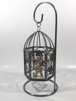 Glass Leaf Pattern Pressed Real Dried Flowers Metal Bird Cage Style Hanging Candle Holder