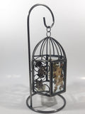 Glass Leaf Pattern Pressed Real Dried Flowers Metal Bird Cage Style Hanging Candle Holder