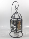 Glass Leaf Pattern Pressed Real Dried Flowers Metal Bird Cage Style Hanging Candle Holder