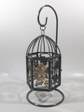 Glass Leaf Pattern Pressed Real Dried Flowers Metal Bird Cage Style Hanging Candle Holder