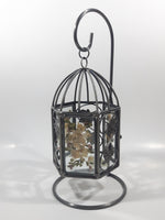 Glass Leaf Pattern Pressed Real Dried Flowers Metal Bird Cage Style Hanging Candle Holder