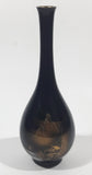 Mount Fuji Pagoda Black Etched Japanese Scenery 6 1/2" Tall Metal Bud Vase