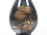 Mount Fuji Pagoda Black Etched Japanese Scenery 6 1/2" Tall Metal Bud Vase