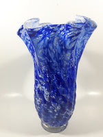 Beautiful Blue and White Twisted Ruffled Top 10 1/2" Tall Art Glass Vase