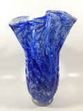 Beautiful Blue and White Twisted Ruffled Top 10 1/2" Tall Art Glass Vase