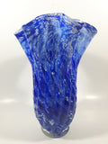 Beautiful Blue and White Twisted Ruffled Top 10 1/2" Tall Art Glass Vase