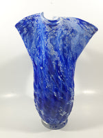 Beautiful Blue and White Twisted Ruffled Top 10 1/2" Tall Art Glass Vase