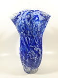 Beautiful Blue and White Twisted Ruffled Top 10 1/2" Tall Art Glass Vase