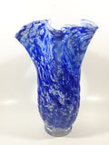 Beautiful Blue and White Twisted Ruffled Top 10 1/2" Tall Art Glass Vase