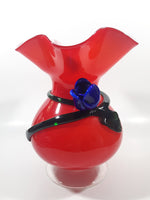 Beautiful Red with Applied Blue Rose and Green Leaves Ruffled Top 10" Tall Art Glass Pedestal Vase