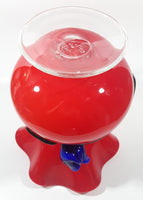 Beautiful Red with Applied Blue Rose and Green Leaves Ruffled Top 10" Tall Art Glass Pedestal Vase