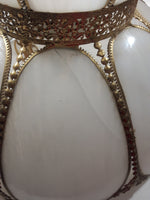 Antique Tulip Style Ornate Metal Bent Slag Glass White 18" Hanging Swag Lamp Two Cracks