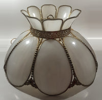 Antique Tulip Style Ornate Metal Bent Slag Glass White 18" Hanging Swag Lamp Two Cracks