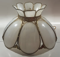 Antique Tulip Style Ornate Metal Bent Slag Glass White 18" Hanging Swag Lamp Two Cracks