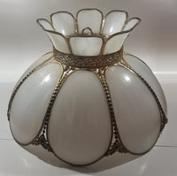 Antique Tulip Style Ornate Metal Bent Slag Glass White 18" Hanging Swag Lamp Two Cracks