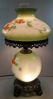 Vintage 1970 EF Industries Hand Painted Red Flowers and Leaves Pattern Mint Green Glass 22" Tall 3-Way Hurricane Table Lamp Electric